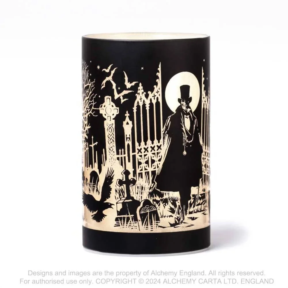 Alchemy Gothic Etched Black Glass LED Count Magistus Lantern Light NIB